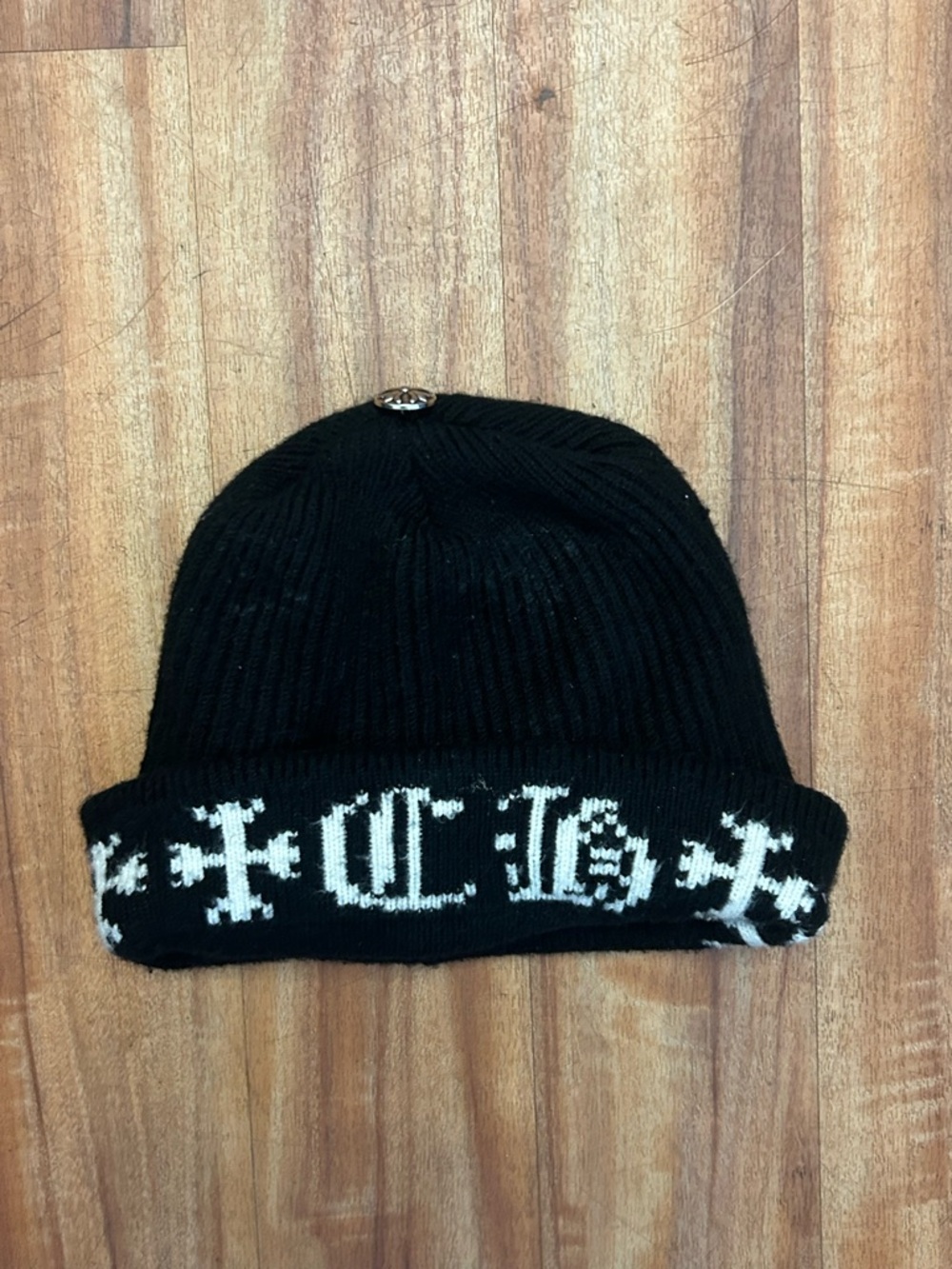 Black Knit Beanie with White Gothic Pattern